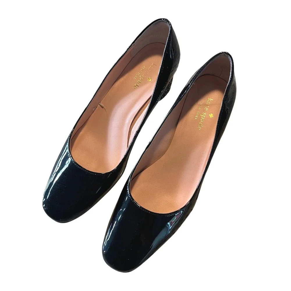 Kate Spade‎ Pumps Womens 8.5 Black Patent Leather Glitter Block Heel Almond Toe